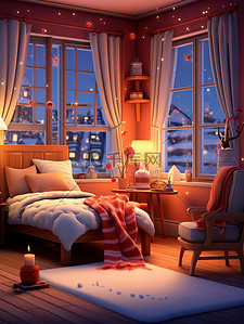 床红色插画图片_圣诞节布置温馨的房间微观摄影4