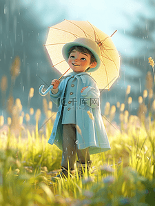 雨中打伞的卡通男孩插画4