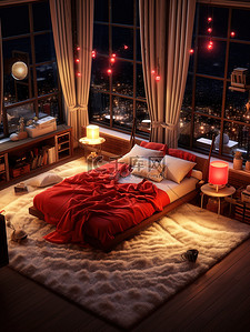 床红色插画图片_圣诞节布置温馨的房间微观摄影5