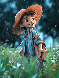 小男孩淋雨插画图片_雨中戴帽子的卡通小男孩插画