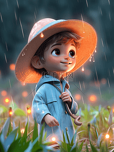 草地雨水插画图片_雨中戴帽子的卡通小男孩插画