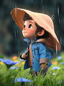 雨中打伞的卡通男孩插画3