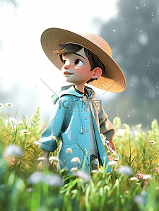 草地雨水插画图片_雨中戴帽子的卡通小男孩插画
