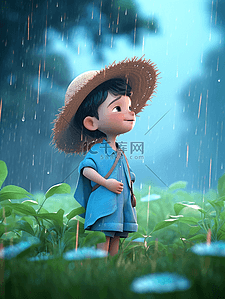 雨中戴帽子的卡通小男孩插画