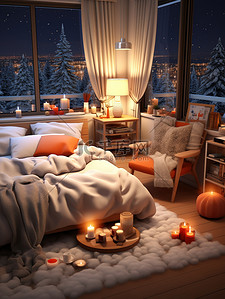 床红色插画图片_圣诞节布置温馨的房间微观摄影18