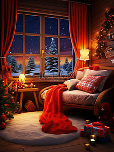 床红色插画图片_圣诞节布置温馨的房间微观摄影7