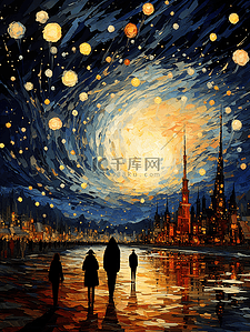 唯美梦幻梵高星空风格的夜空插画17