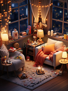 床红色插画图片_圣诞节布置温馨的房间微观摄影1