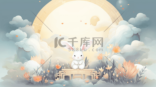 唯美月下可爱兔子中秋节节日插画2