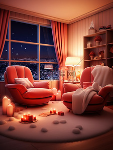 床红色插画图片_圣诞节布置温馨的房间微观摄影8