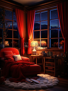 床红色插画图片_圣诞节布置温馨的房间微观摄影15