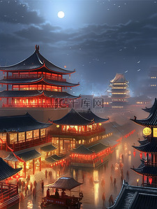 唐朝繁华插画图片_大唐繁华夜景长安街景16