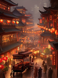 古镇旅行插画图片_大唐繁华夜景长安街景5