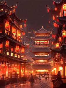 繁华大街插画图片_大唐繁华夜景长安街景13