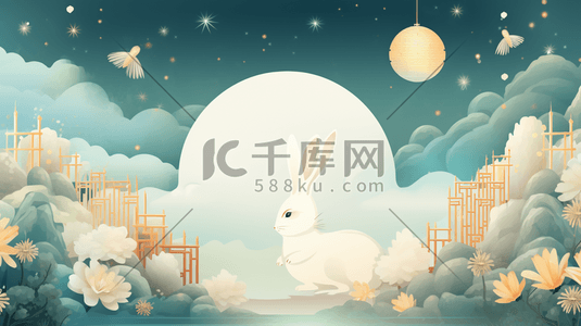 唯美月下可爱兔子中秋节卡通插画22