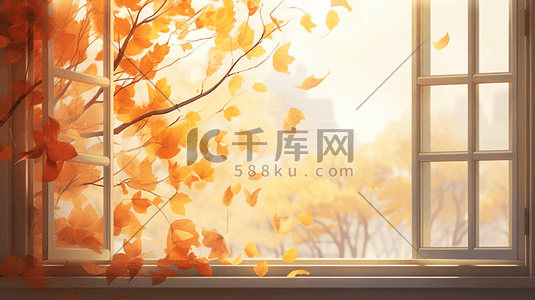 唯美秋季窗外树叶风景插画3