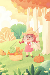 农作物插画图片_立秋节气农作物收获景象劳动的女孩清新治愈