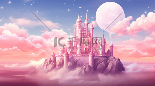 城堡粉色插画图片_唯美粉色系梦幻城堡卡通插画10