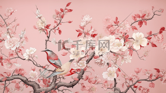 中国风唯美枝头上的鸟儿插画32
