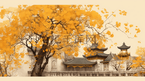 中国风古建筑外的金黄色大树插画1