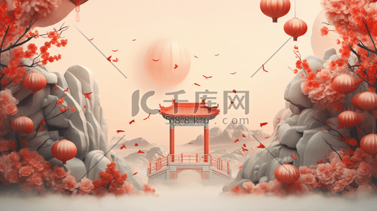 立体红插画图片_中国风红色立体感建筑插画6