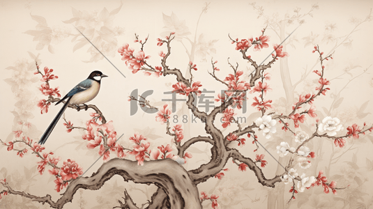 中国风唯美枝头上的鸟儿插画12