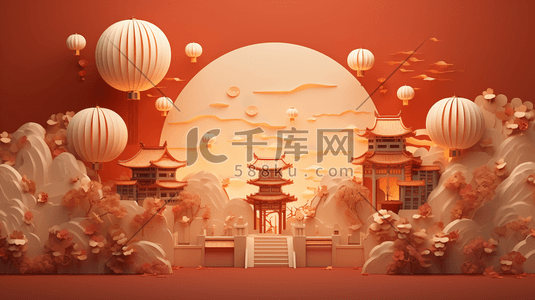 立体红插画图片_中国风红色立体感建筑插画2