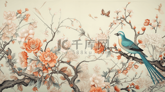 中国风唯美枝头上的鸟儿插画7