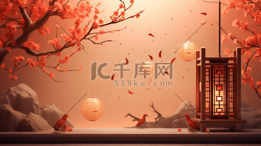 中国风红色立体感建筑插画24