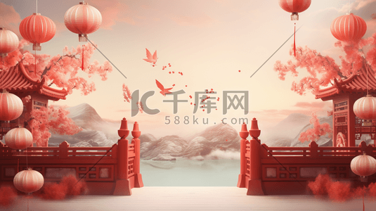 立体红插画图片_中国风红色立体感建筑插画1