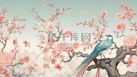 中国风唯美枝头上的鸟儿插画23