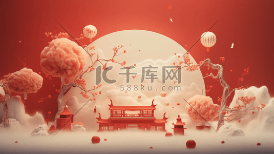 立体红插画图片_中国风红色立体感建筑插画5
