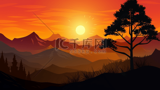 日落下的情侣插画图片_太阳正在山上和树木上落下