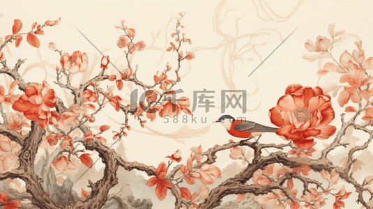 中国风唯美枝头上的鸟儿插画11