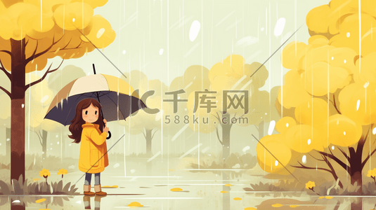 唯美雨中打伞的小女孩卡通插画22