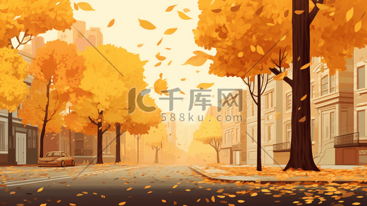 唯美秋季金黄色树叶风景插画18