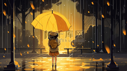孤独卡通插画图片_唯美雨中打伞的小女孩卡通插画23