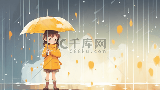唯美雨中打伞的小女孩卡通插画7