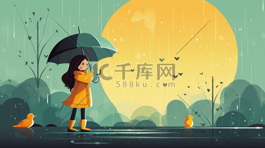 唯美雨中打伞的小女孩卡通插画25