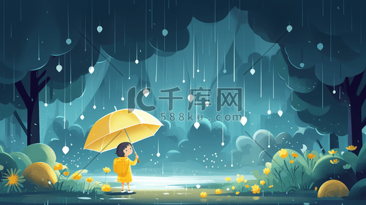唯美雨中打伞的小女孩卡通插画8
