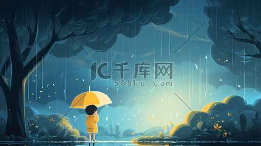 孤独卡通插画图片_唯美雨中打伞的小女孩卡通插画4