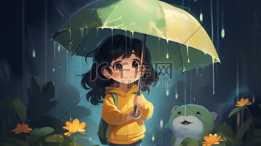 唯美雨中打伞的小女孩卡通插画14