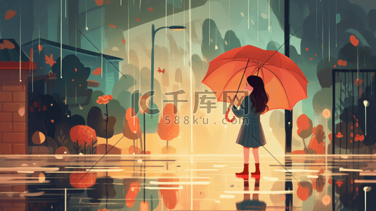 孤独卡通插画图片_唯美雨中打伞的小女孩卡通插画6