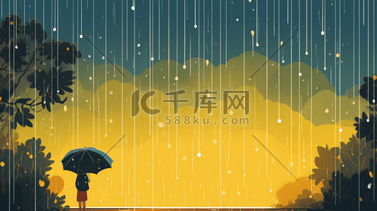 唯美雨中打伞的小女孩卡通插画13