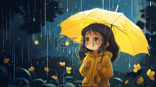 孤独卡通插画图片_唯美雨中打伞的小女孩卡通插画18