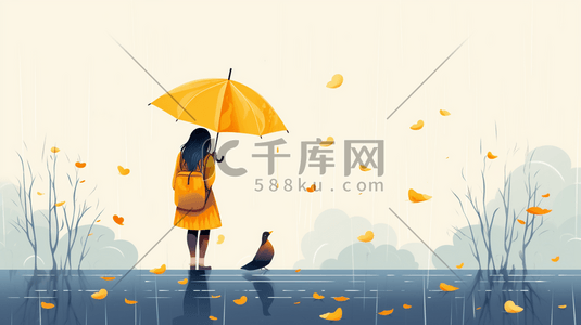 唯美雨中打伞的小女孩卡通插画21