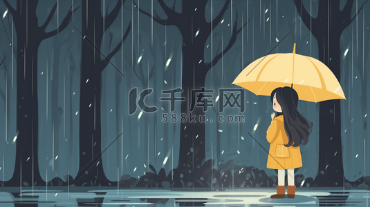孤独卡通插画图片_唯美雨中打伞的小女孩卡通插画16
