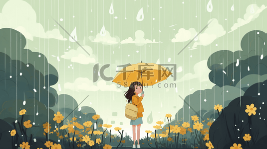 唯美雨中打伞的小女孩卡通插画10