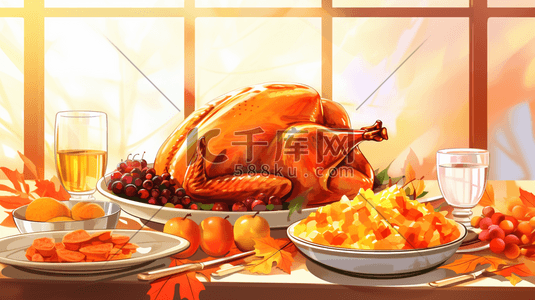 火鸡感恩节插画图片_餐桌上的美味火鸡感恩节节日插画19