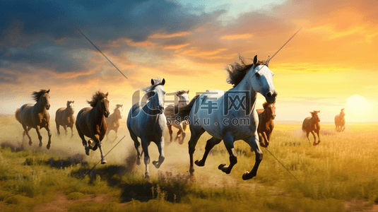 中国风马群插画图片_草原上奔跑的马群